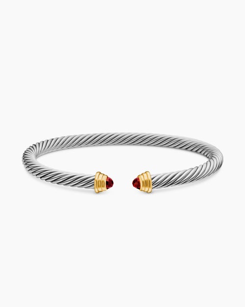Cable Teen Bracelet in Sterling Silver with 14K Yellow Gold and Garnets, 4mm