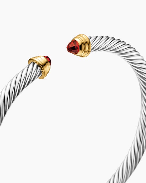 Cable Teen Bracelet in Sterling Silver with 14K Yellow Gold and Garnets, 4mm