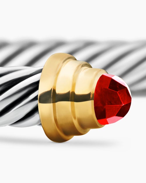 Cable Teen Bracelet in Sterling Silver with 14K Yellow Gold and Garnets, 4mm