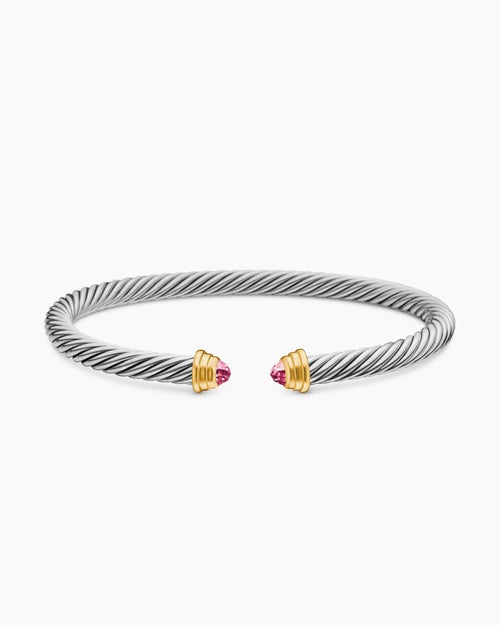 Cable Teen Bracelet in Sterling Silver with 14K Yellow Gold and Pink Tourmaline, 4mm