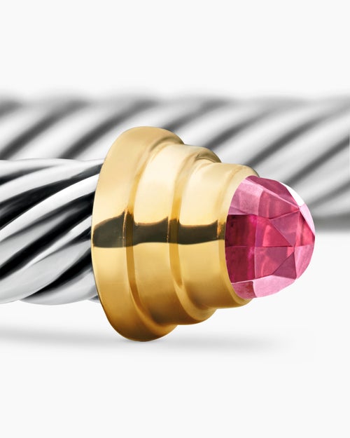 Cable Teen Bracelet in Sterling Silver with 14K Yellow Gold and Pink Tourmaline, 4mm