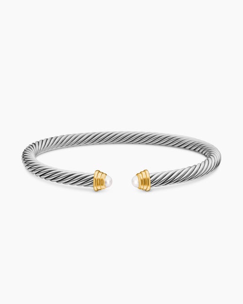 Cable Teen Bracelet in Sterling Silver with 14K Yellow Gold and Pearls, 4mm