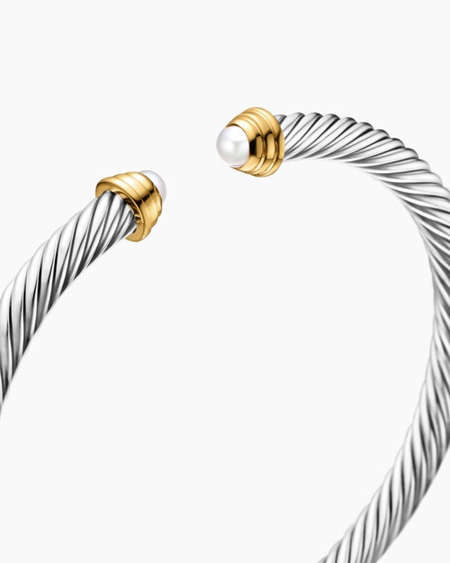 Cable Teen Bracelet in Sterling Silver with 14K Yellow Gold and Pearls, 4mm