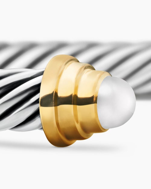 Cable Teen Bracelet in Sterling Silver with 14K Yellow Gold and Pearls, 4mm