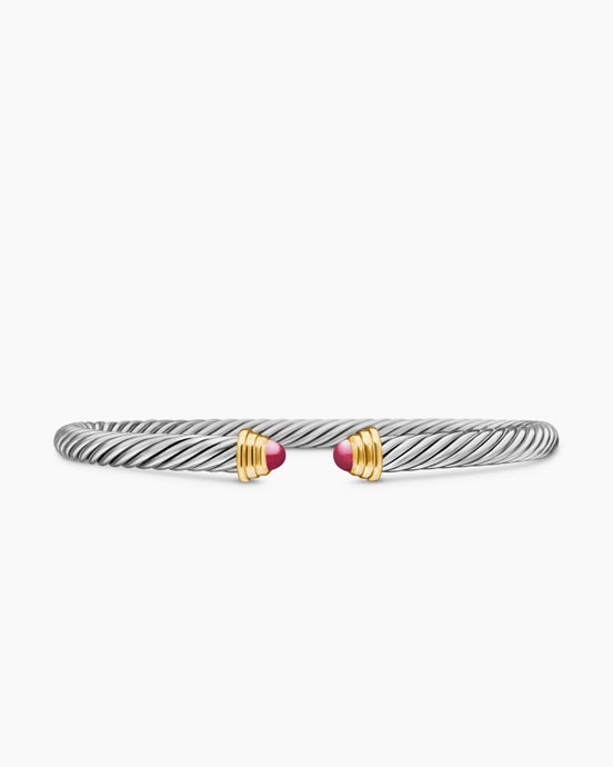 Cable Teen Bracelet in Sterling Silver with 14K Yellow Gold and Rubies, 4mm