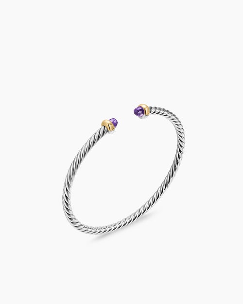 Womens Micro Cable Flex® Teen Bracelet in Sterling Silver with 14K Yellow Gold and Amethyst, 2.6mm