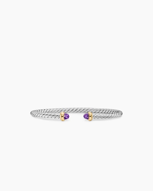 Womens Micro Cable Flex® Teen Bracelet in Sterling Silver with 14K Yellow Gold and Amethyst, 2.6mm