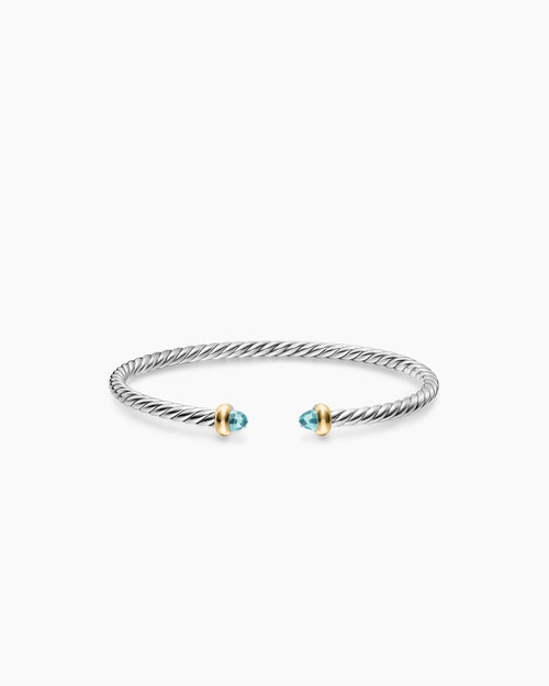 Womens Micro Cable Flex® Teen Bracelet in Sterling Silver with 14K Yellow Gold and Aquamarine, 2.6mm