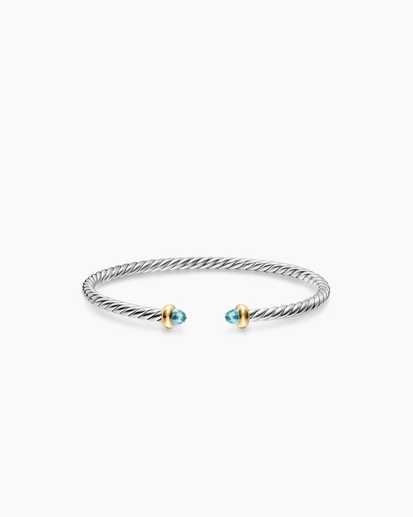 Micro Cable Flex® Teen Bracelet in Sterling Silver with 14K Yellow Gold and Aquamarine, 2.6mm