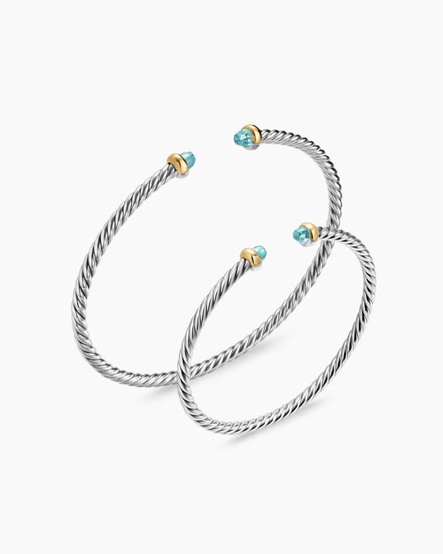 Womens Micro Cable Flex® Teen Bracelet in Sterling Silver with 14K Yellow Gold and Aquamarine, 2.6mm