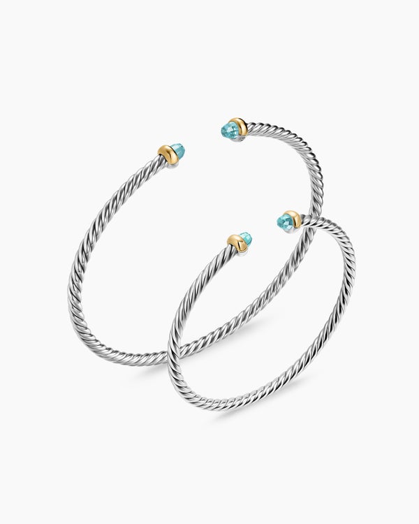 Micro Cable Flex® Teen Bracelet in Sterling Silver with 14K Yellow Gold and Aquamarine, 2.6mm
