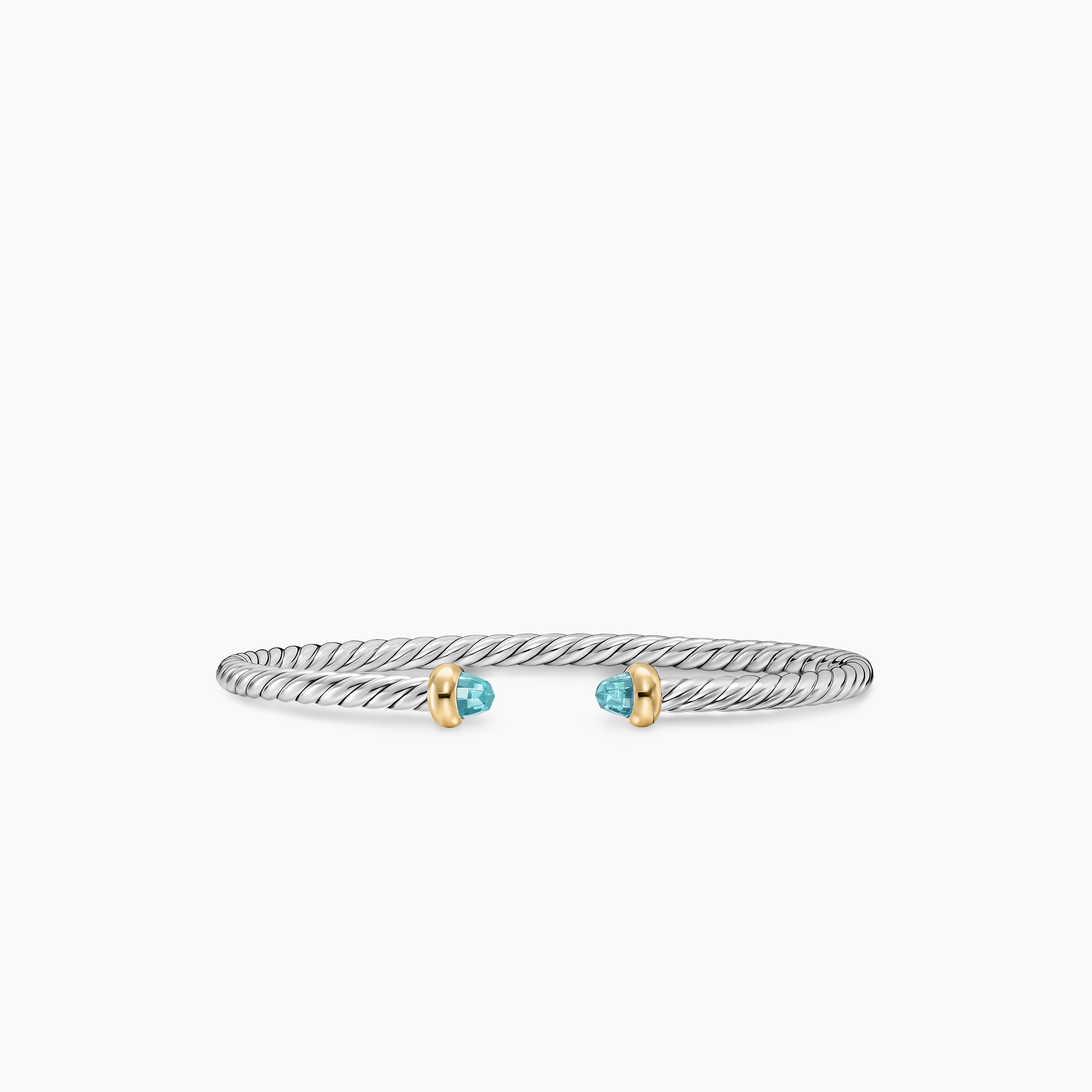 Womens Micro Cable Flex&reg; Teen Bracelet in Sterling Silver with 14K Yellow Gold and Aquamarine, 2.6mm