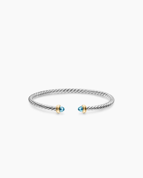 Womens Micro Cable Flex® Teen Bracelet in Sterling Silver with 14K Yellow Gold and Blue Topaz, 2.6mm