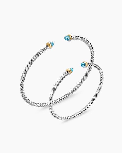 Womens Micro Cable Flex® Teen Bracelet in Sterling Silver with 14K Yellow Gold and Blue Topaz, 2.6mm