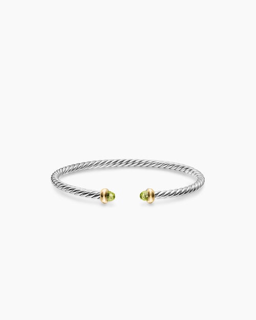 Womens Micro Cable Flex® Teen Bracelet in Sterling Silver with 14K Yellow Gold and Peridot, 2.6mm