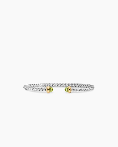 Womens Micro Cable Flex® Teen Bracelet in Sterling Silver with 14K Yellow Gold and Peridot, 2.6mm
