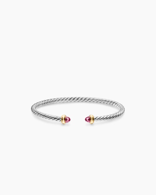 Womens Micro Cable Flex® Teen Bracelet in Sterling Silver with 14K Yellow Gold and Pink Tourmalines, 2.6mm