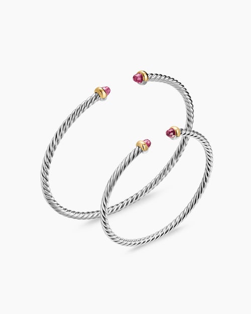 Womens Micro Cable Flex® Teen Bracelet in Sterling Silver with 14K Yellow Gold and Pink Tourmalines, 2.6mm