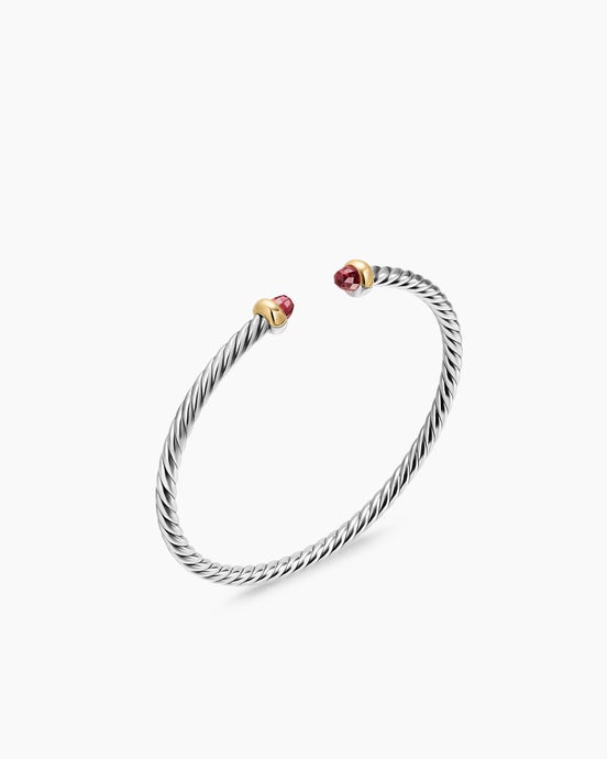 Micro Cable Flex® Teen Bracelet in Sterling Silver with 14K Yellow Gold and Rhodolite Garnets, 2.6mm