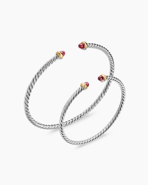Womens Micro Cable Flex® Teen Bracelet in Sterling Silver with 14K Yellow Gold and Rhodolite Garnets, 2.6mm