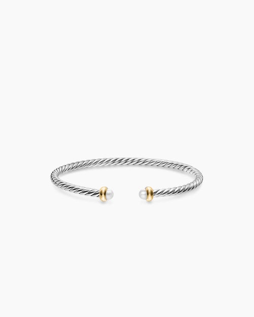 Womens Micro Cable Flex® Teen Bracelet in Sterling Silver with 14K Yellow Gold and Pearls, 2.6mm