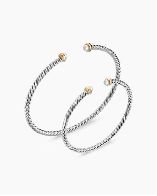 Womens Micro Cable Flex® Teen Bracelet in Sterling Silver with 14K Yellow Gold and Pearls, 2.6mm