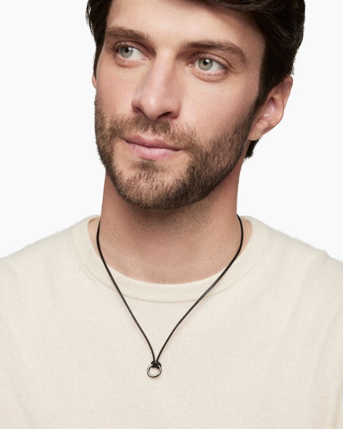 Mens Circle Amulet Necklace in Sterling Silver and Black Wax Cord, 1.7mm