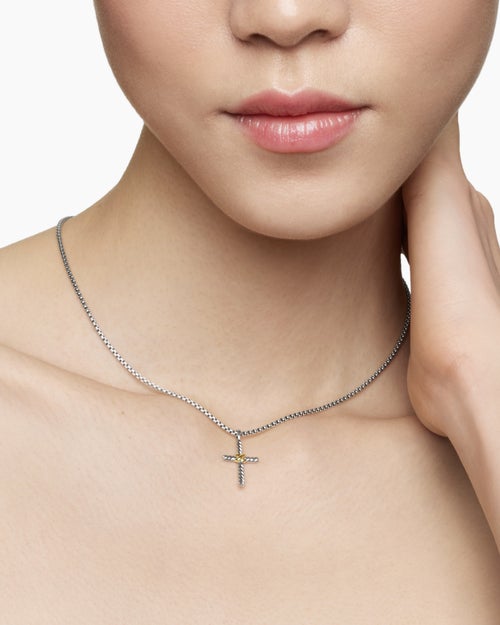 Womens Petite X Cross Necklace in Sterling Silver with 14ct Yellow Gold, 24mm