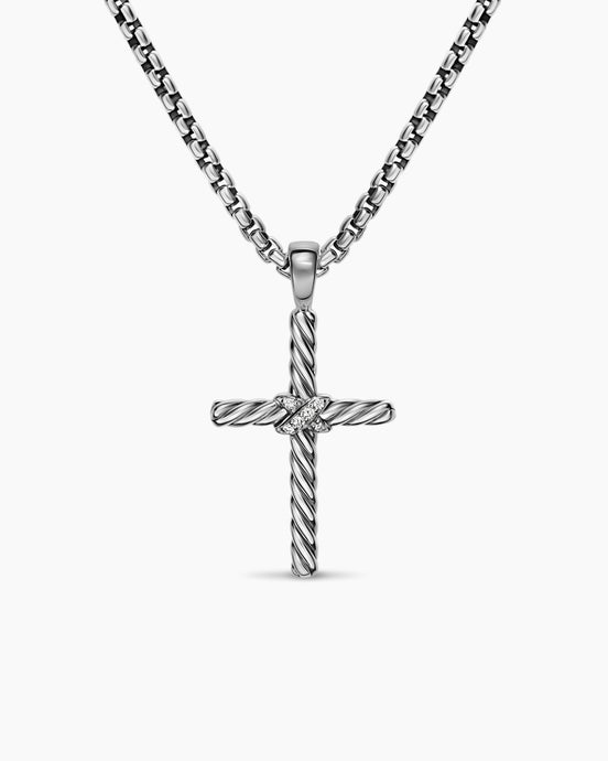 Petite X Cross Necklace in Sterling Silver with Diamonds, 19.5mm