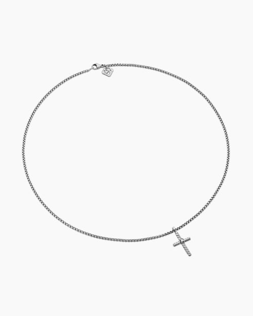 Womens Classic Cable Cross Necklace in Sterling Silver with Center Diamond, 24.3mm