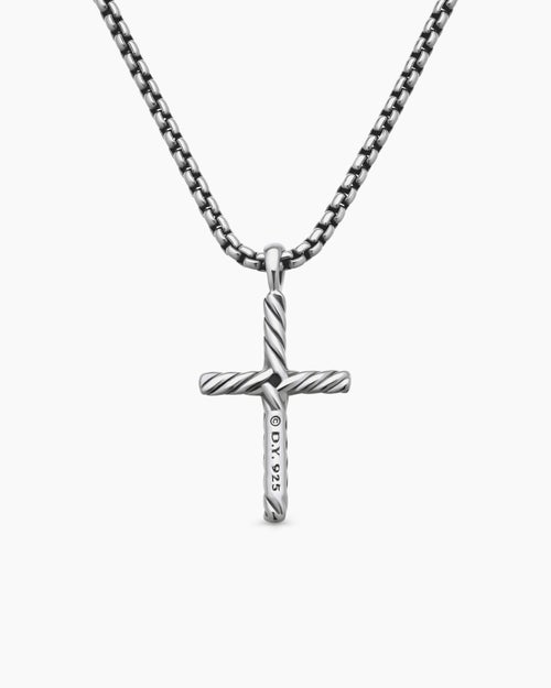 Womens Classic Cable Cross Necklace in Sterling Silver with Center Diamond, 24.3mm