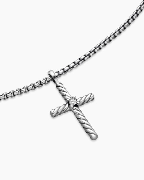 Womens Classic Cable Cross Necklace in Sterling Silver with Center Diamond, 24.3mm