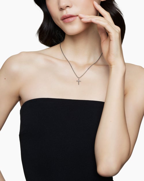 Womens Classic Cable Cross Necklace in Sterling Silver with Center Diamond, 24.3mm