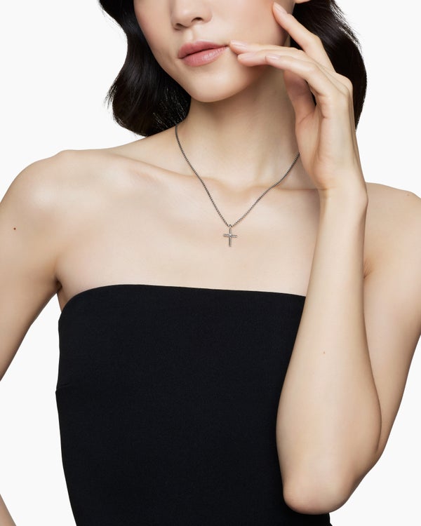 Classic Cable Cross Necklace in Sterling Silver with Diamond, 24.3mm