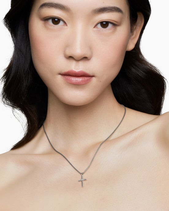 Classic Cable Cross Necklace in Sterling Silver with Center Diamond, 24.3mm
