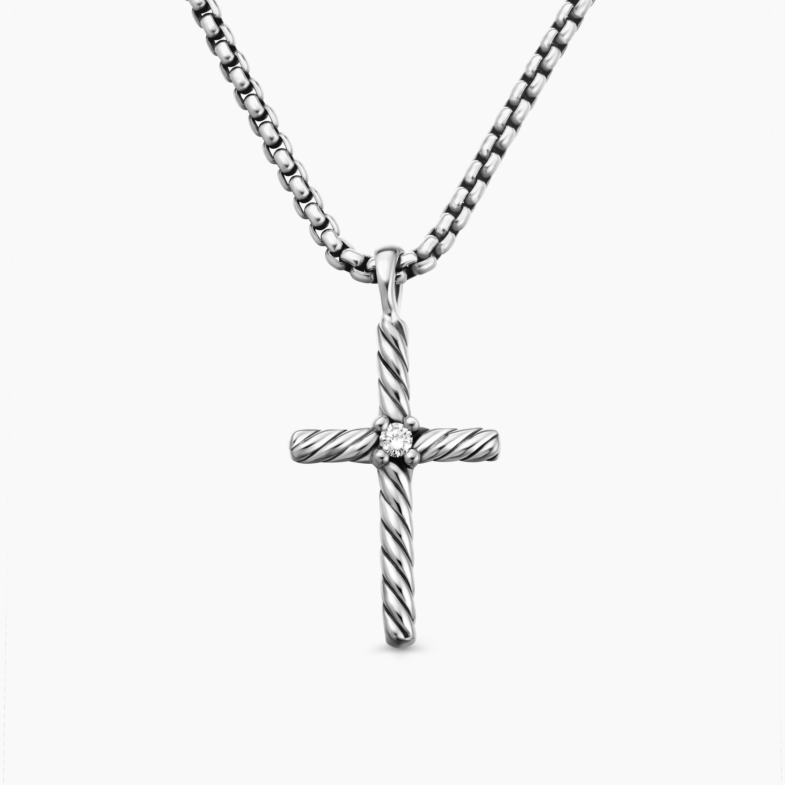 Womens Classic Cable Cross Necklace in Sterling Silver with Diamond, 24.3mm