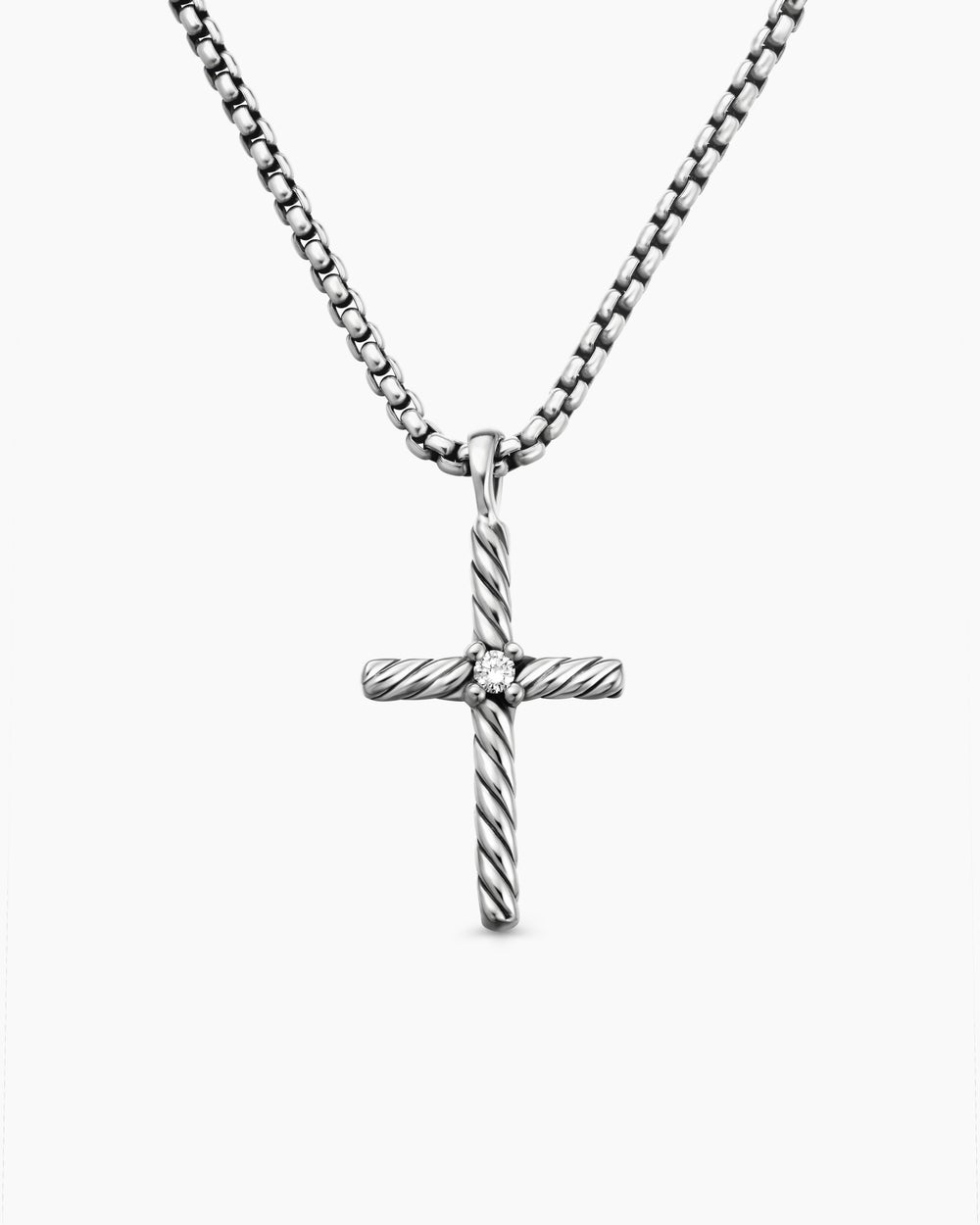 Womens Classic Cable Cross Necklace in Sterling Silver with Centre Diamond, 24.3mm