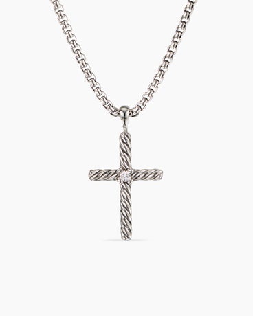 Classic Cable Cross Necklace in Sterling Silver with Center Diamond, 24.3mm