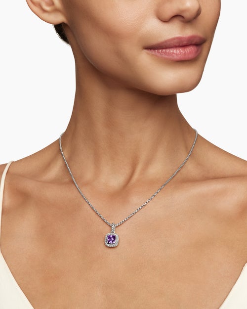 Womens Petite Albion® Pendant Necklace in Sterling Silver with Amethyst and Diamonds, 7mm