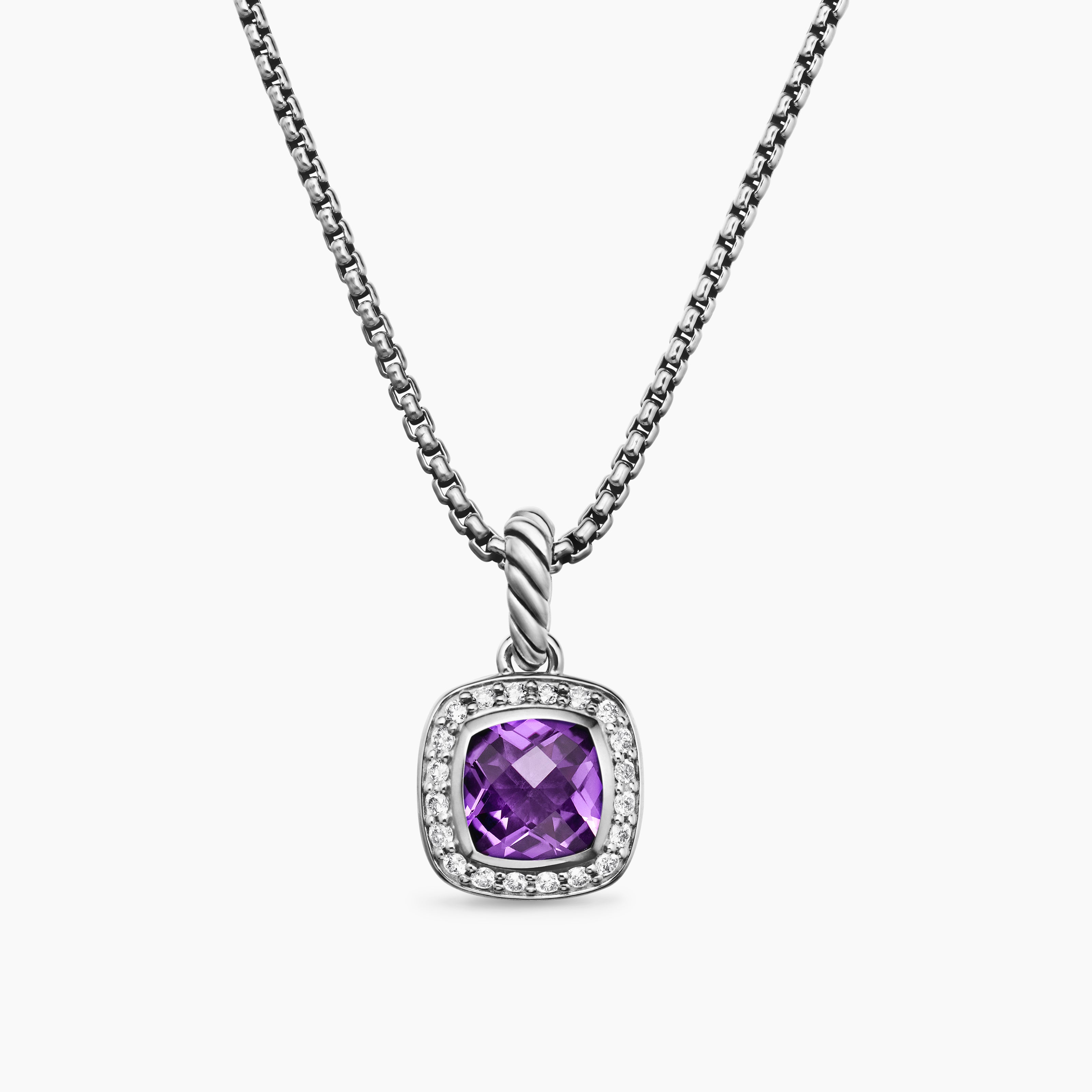 Womens Petite Albion&reg; Pendant Necklace in Sterling Silver with Amethyst and Diamonds, 7mm