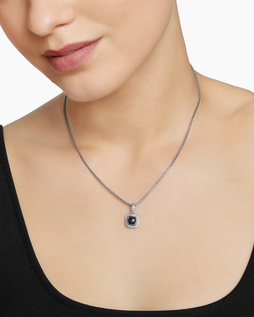 Womens Petite Albion® Pendant Necklace in Sterling Silver with Black Onyx and Diamonds, 7mm