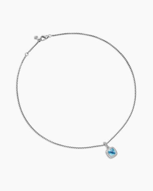 Womens Petite Albion® Pendant Necklace in Sterling Silver with Blue Topaz and Diamonds, 7mm