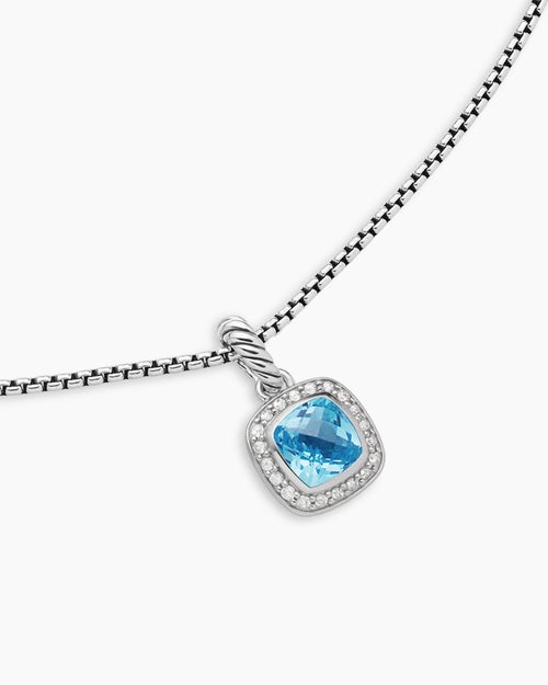 Womens Petite Albion® Pendant Necklace in Sterling Silver with Blue Topaz and Diamonds, 7mm