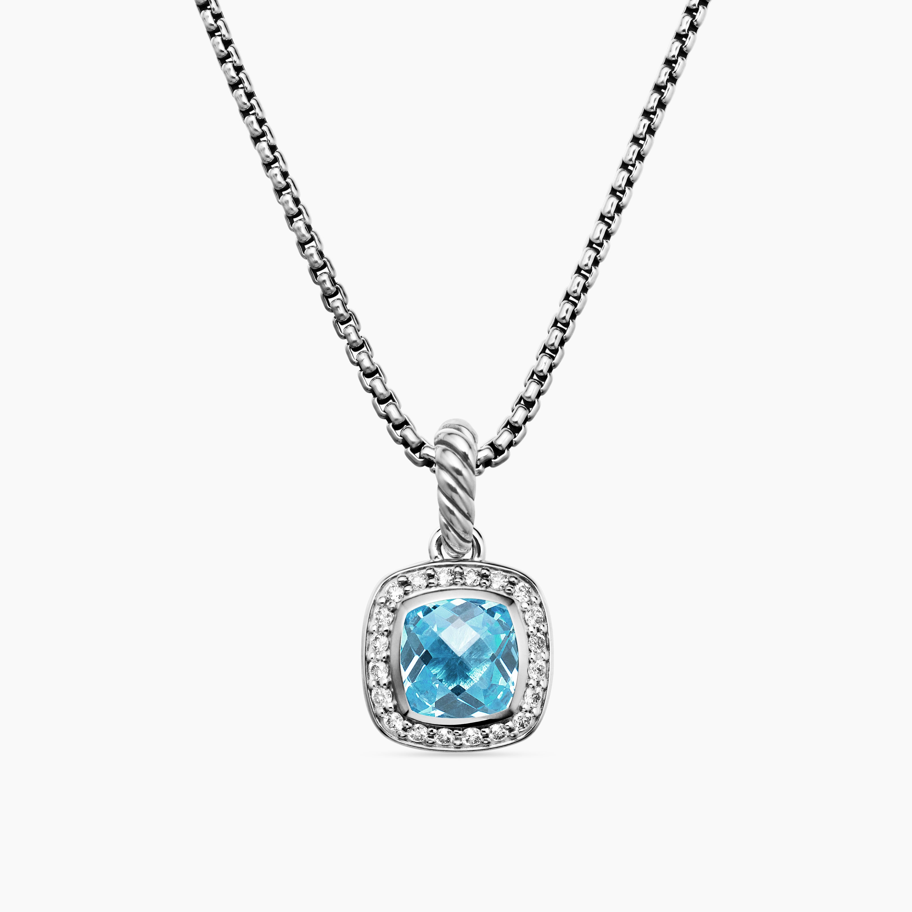 Womens Petite Albion&reg; Pendant Necklace in Sterling Silver with Blue Topaz and Diamonds, 7mm