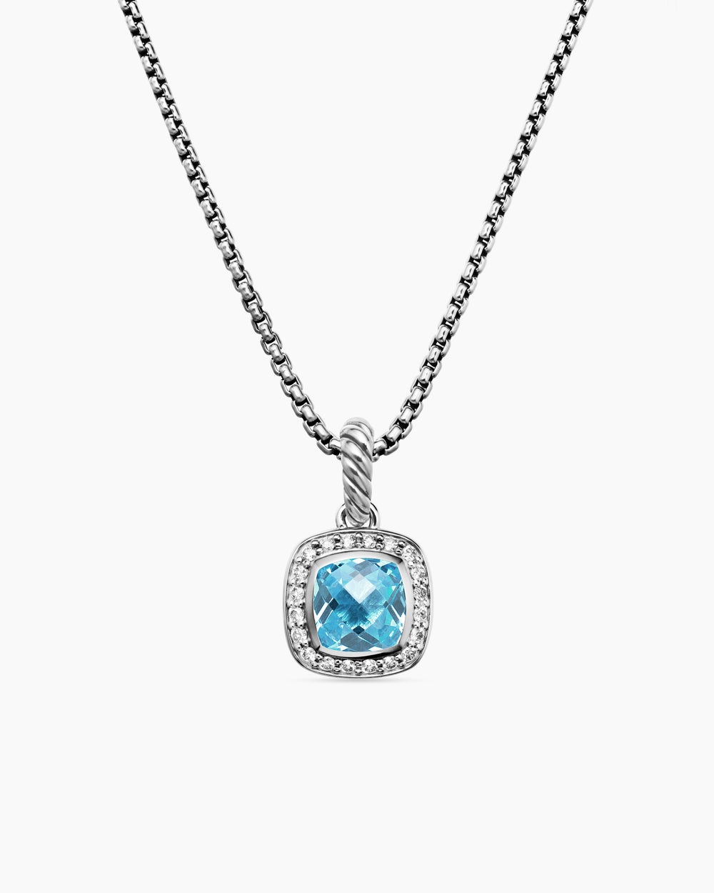 Womens Petite Albion® Pendant Necklace in Sterling Silver with Blue Topaz and Diamonds, 7mm