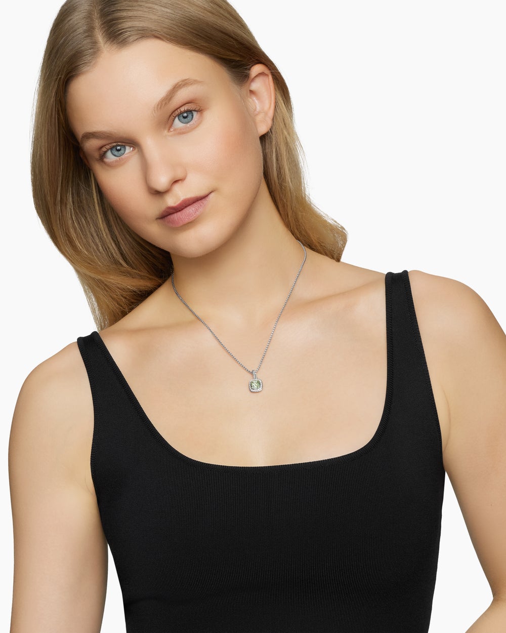 Womens Petite Albion® Pendant Necklace in Sterling Silver with Prasiolite and Diamonds, 7mm