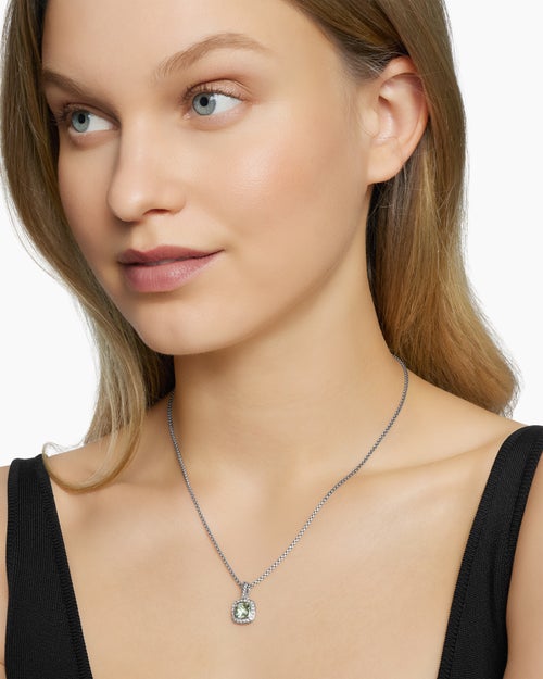 Womens Petite Albion® Pendant Necklace in Sterling Silver with Prasiolite and Diamonds, 7mm