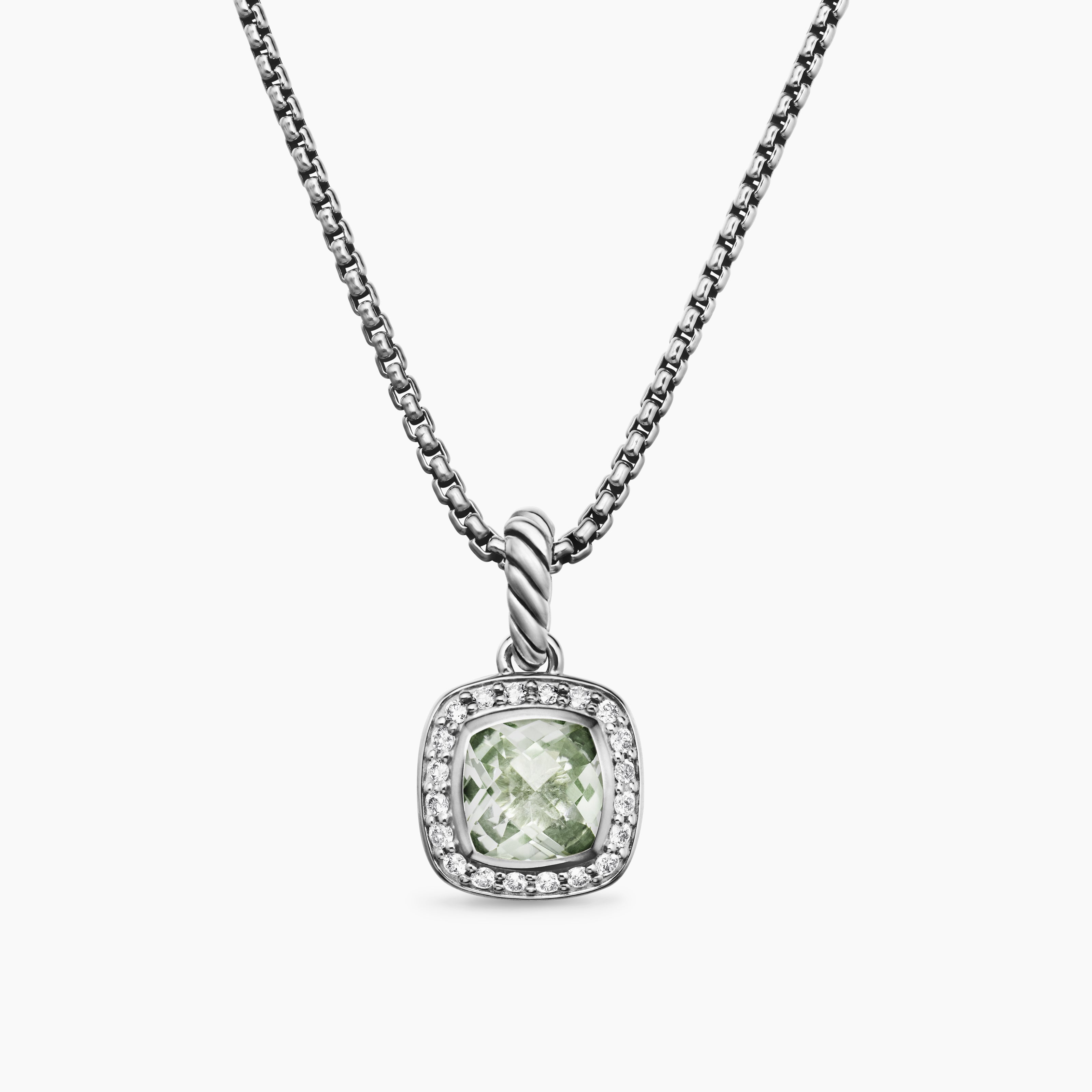 Womens Petite Albion&reg; Pendant Necklace in Sterling Silver with Prasiolite and Diamonds, 7mm