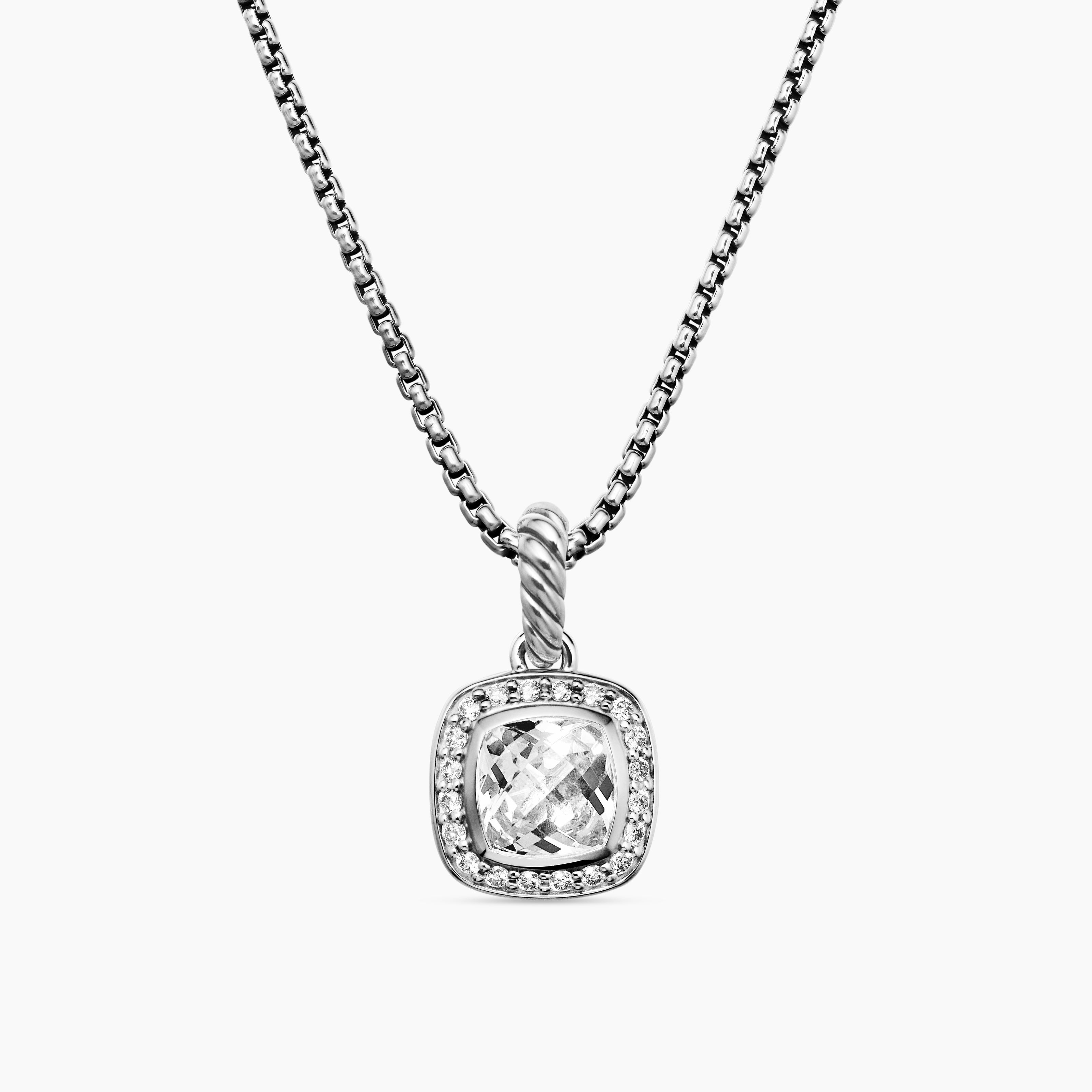Womens Petite Albion&reg; Pendant Necklace in Sterling Silver with White Topaz and Diamonds, 7mm