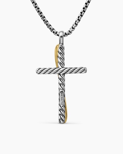 Womens Crossover Cross Necklace in Sterling Silver with 18K Yellow Gold, 35.6mm